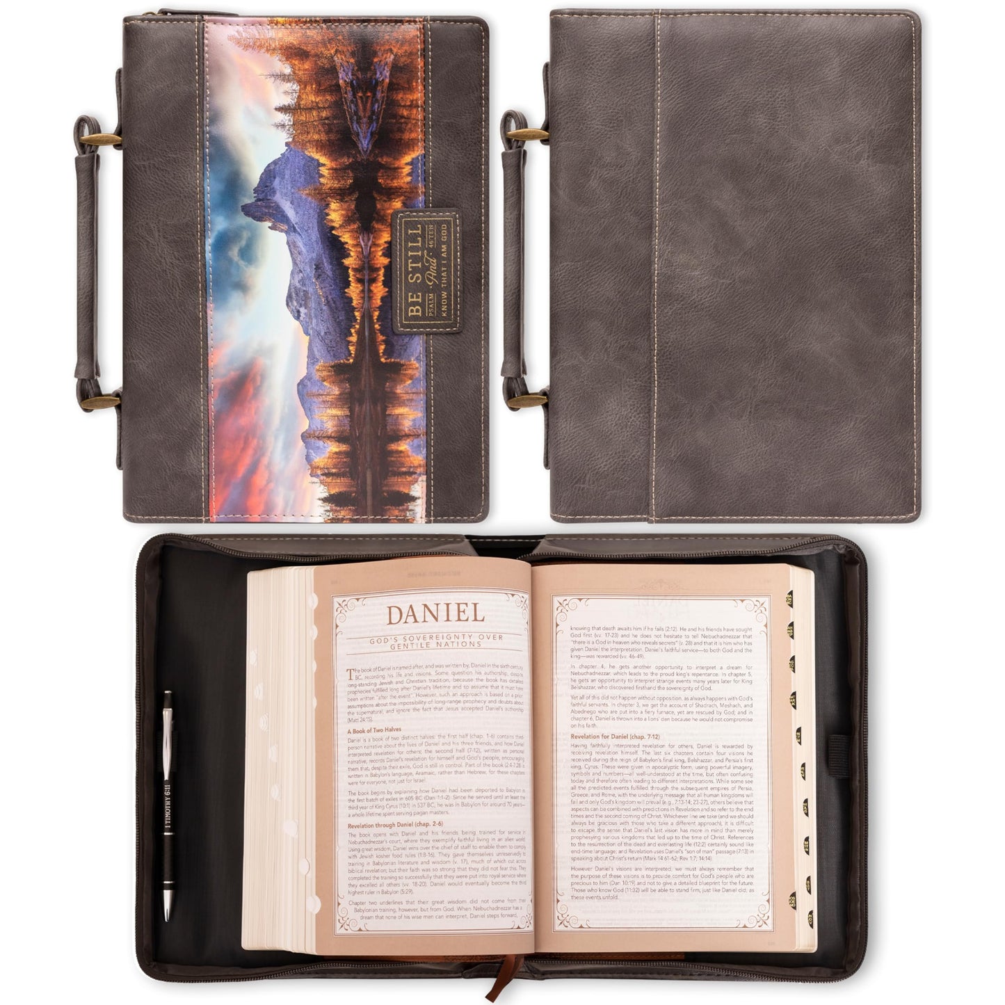 Christian Art Gifts Classic Faux Leather Bible Cover: Be Still and Know - Psalm 46:10 Inspirational Bible Verse with Majestic Valley and Mountains, Charcoal/Gray