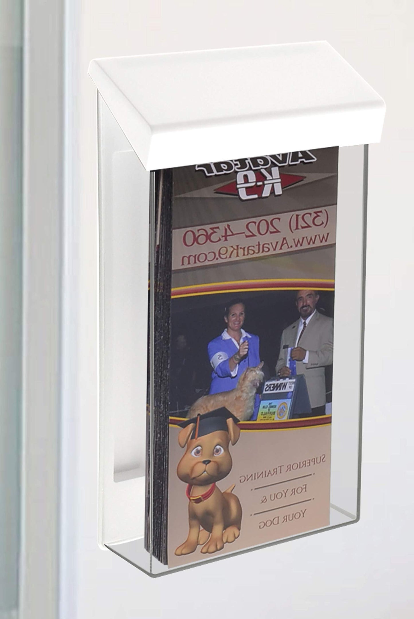 Marketing Holders Outdoor Brochure Holder Holds 4" x 9" Trifolds Wall Mount Clear with White Lid Acrylic Rack Cards Box with Lid Includes Take One Sticker Adhesive Strips Advertising Display
