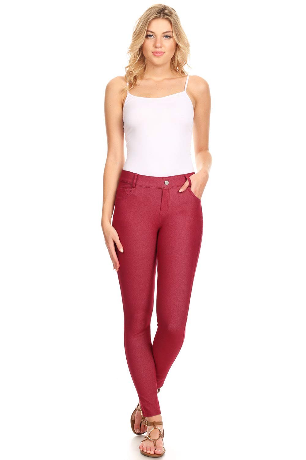 YELETE Women's Full Length Cotton-Blend 5-Pocket Skinny Jeggings Color BURGUNDY Size M