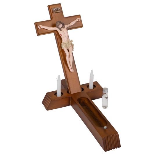 Roman - Sick Call Crucifix Set, 8.5 x 14 Resin Wall Crucifix with Candles and Mini Bottle, 4-Piece Set