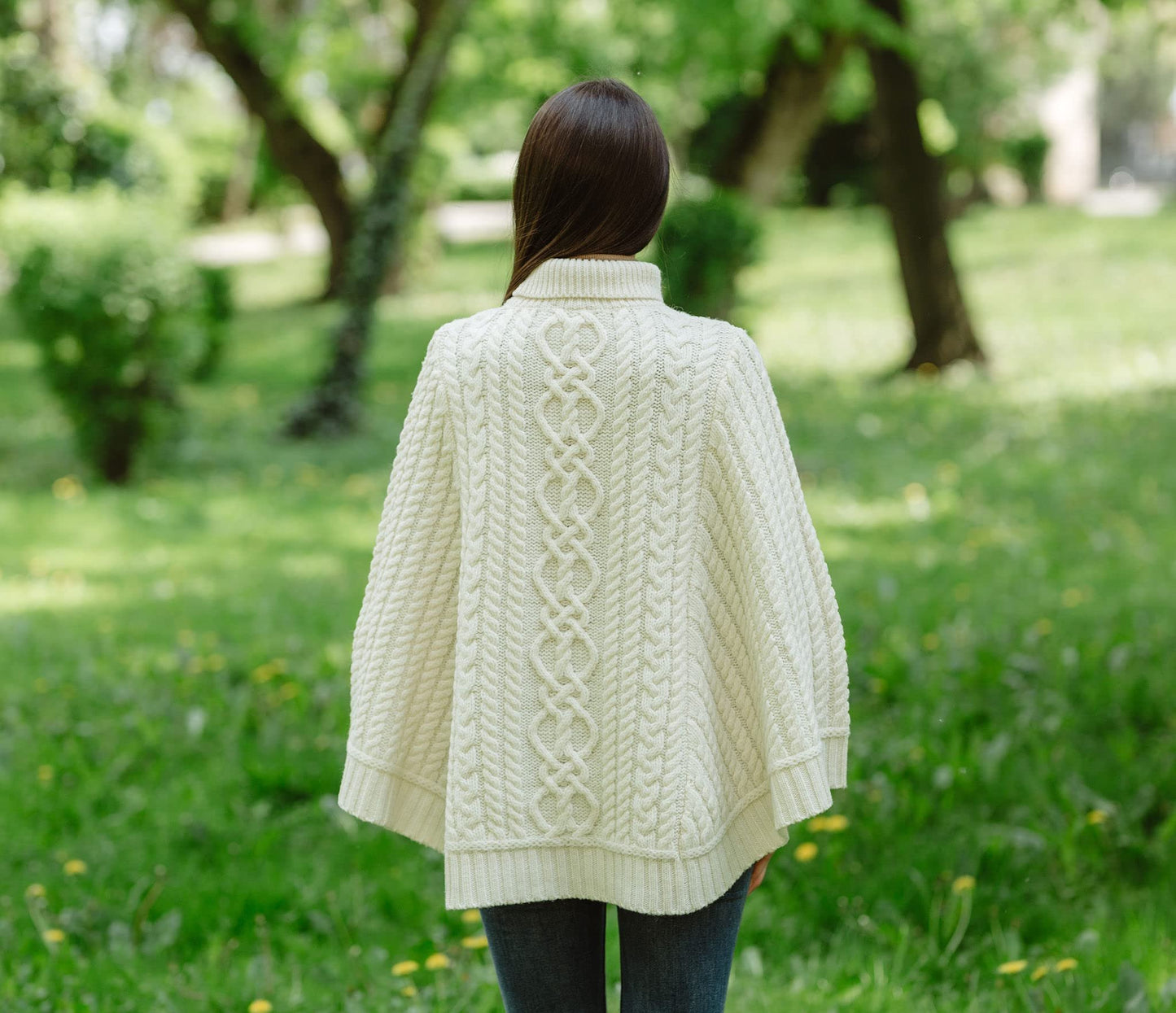 SAOL 100% Merino Wool Cable Knit Ladies Irish Aran Poncho Cardigan