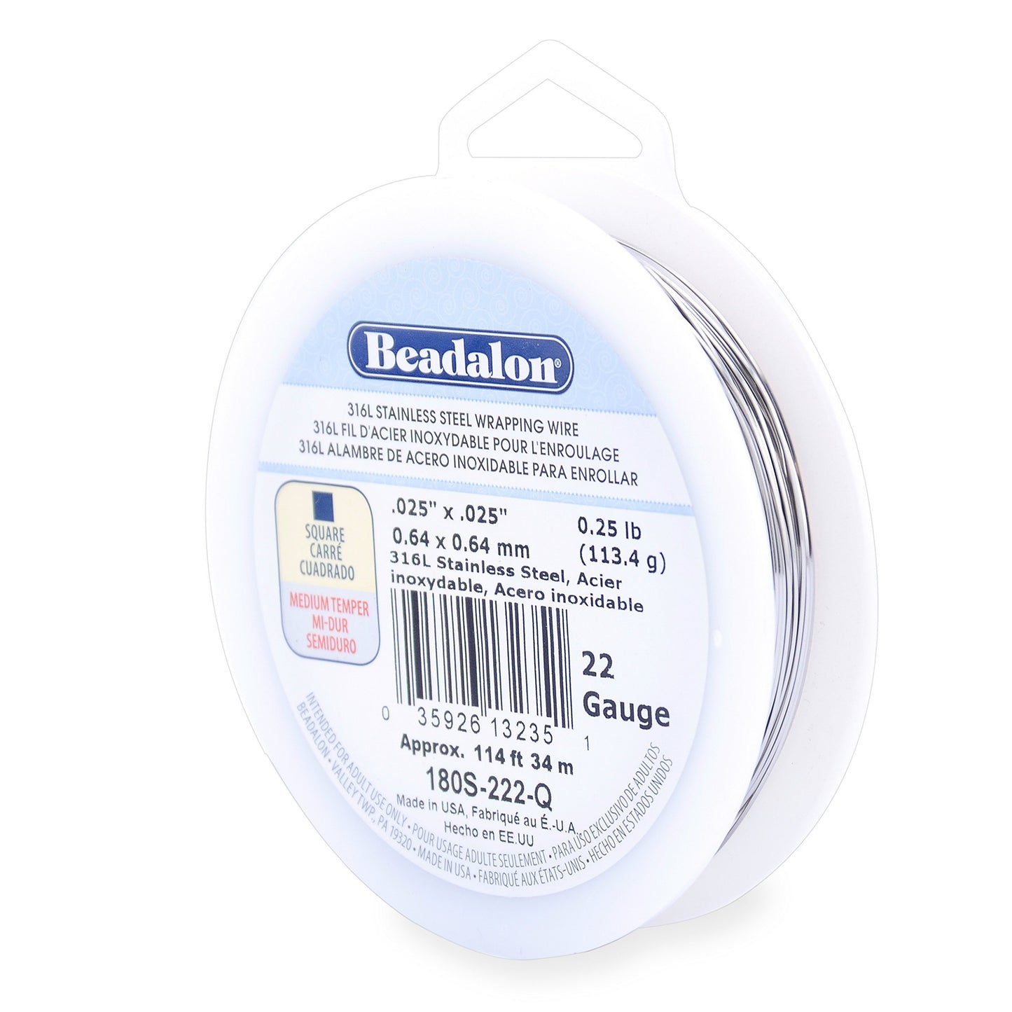 Beadalon 316L Stainless Steel Wrapping Wire, Square, 22 Gauge, 114 feet, 1/4 Pound