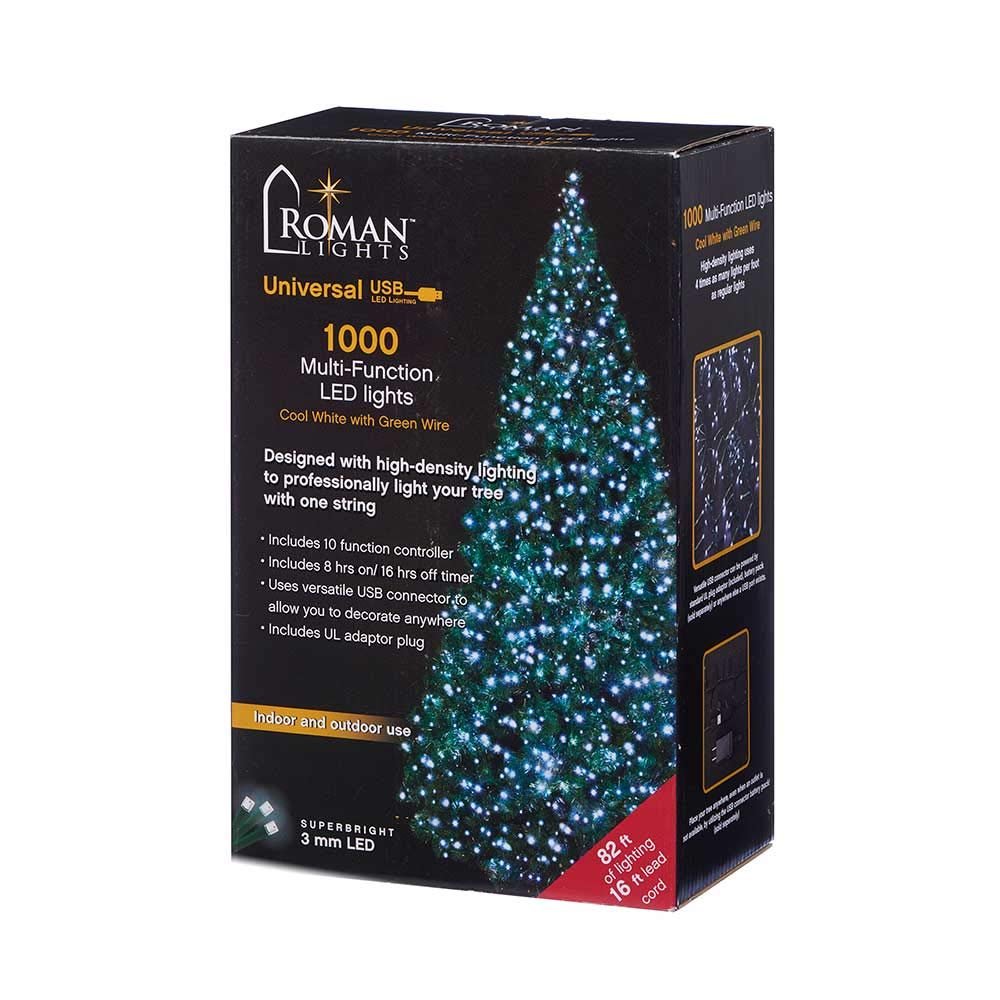 Roman Lights Superbright LED USB 1000L Cool White 84 ft, Green Cord Light Set, 10 Function Controller, 8 on/16 Off Timer, String, Perfect for Lighting Trees, Railings and More