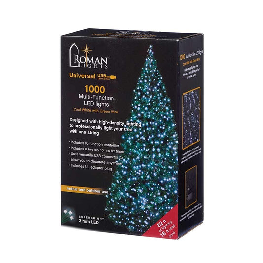 Roman Lights Superbright LED USB 1000L Cool White 84 ft, Green Cord Light Set, 10 Function Controller, 8 on/16 Off Timer, String, Perfect for Lighting Trees, Railings and More