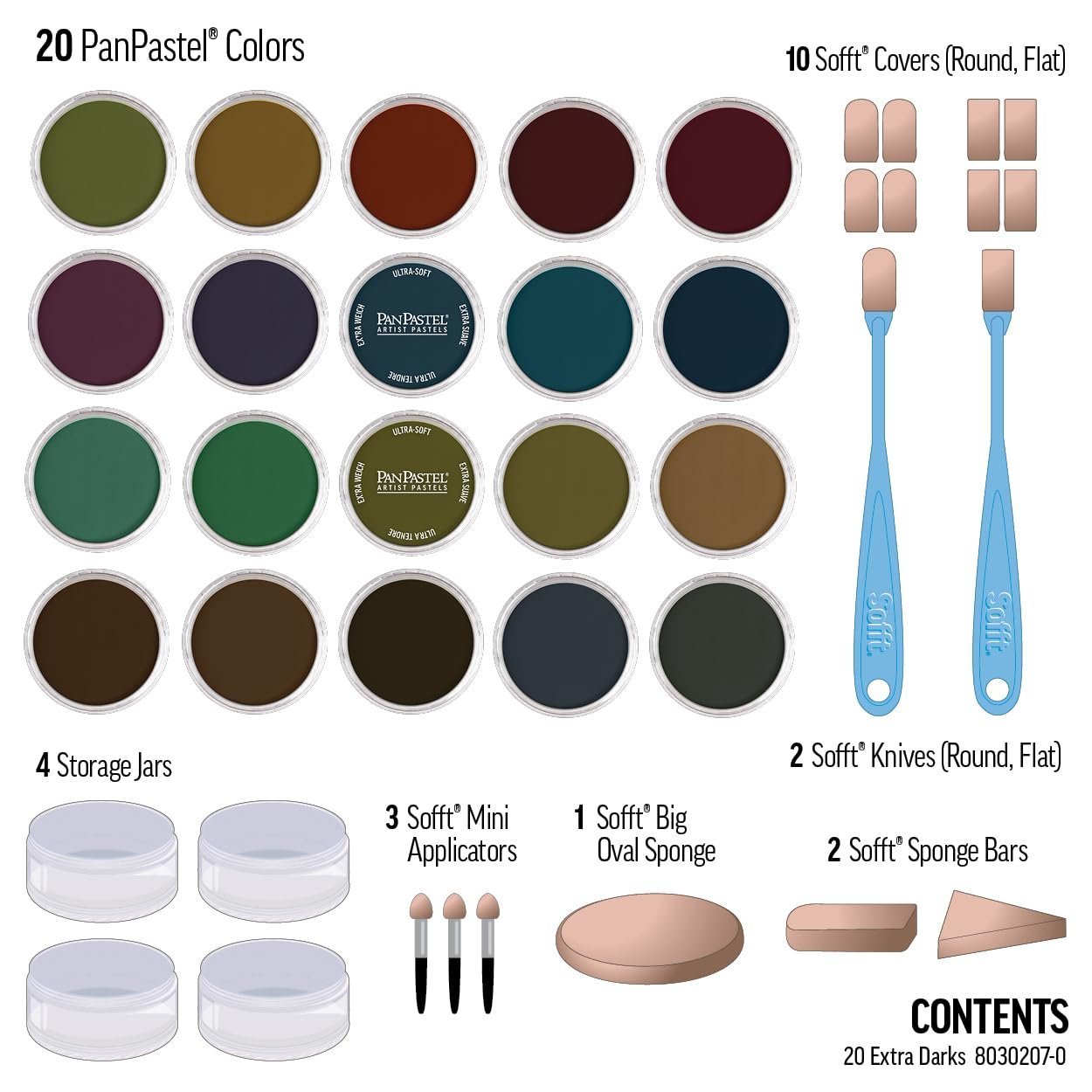 PanPastel Artist Pastels by GOLDEN, Extra Dark Shades Set, 20 Color, Professional Artist Pastels, Unique Pan Format (cake-like)