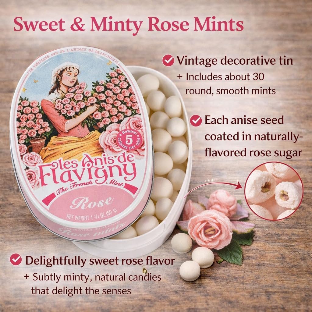 Les Anis de Flavigny French Mints Candy – Rose Flavor Hard Candy, Natural Gourmet Sweets in Classic Tin, 50g