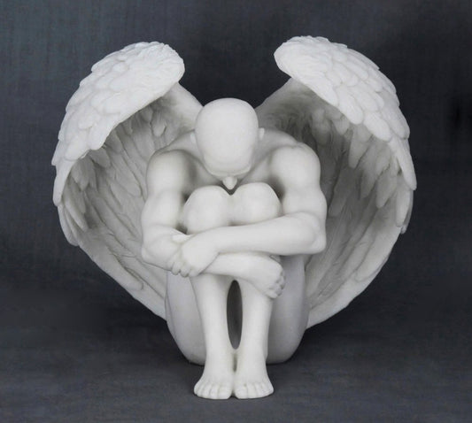 US 5.88 Inch Winged Nude Male Sitting with Arms Holding Over Knees, White