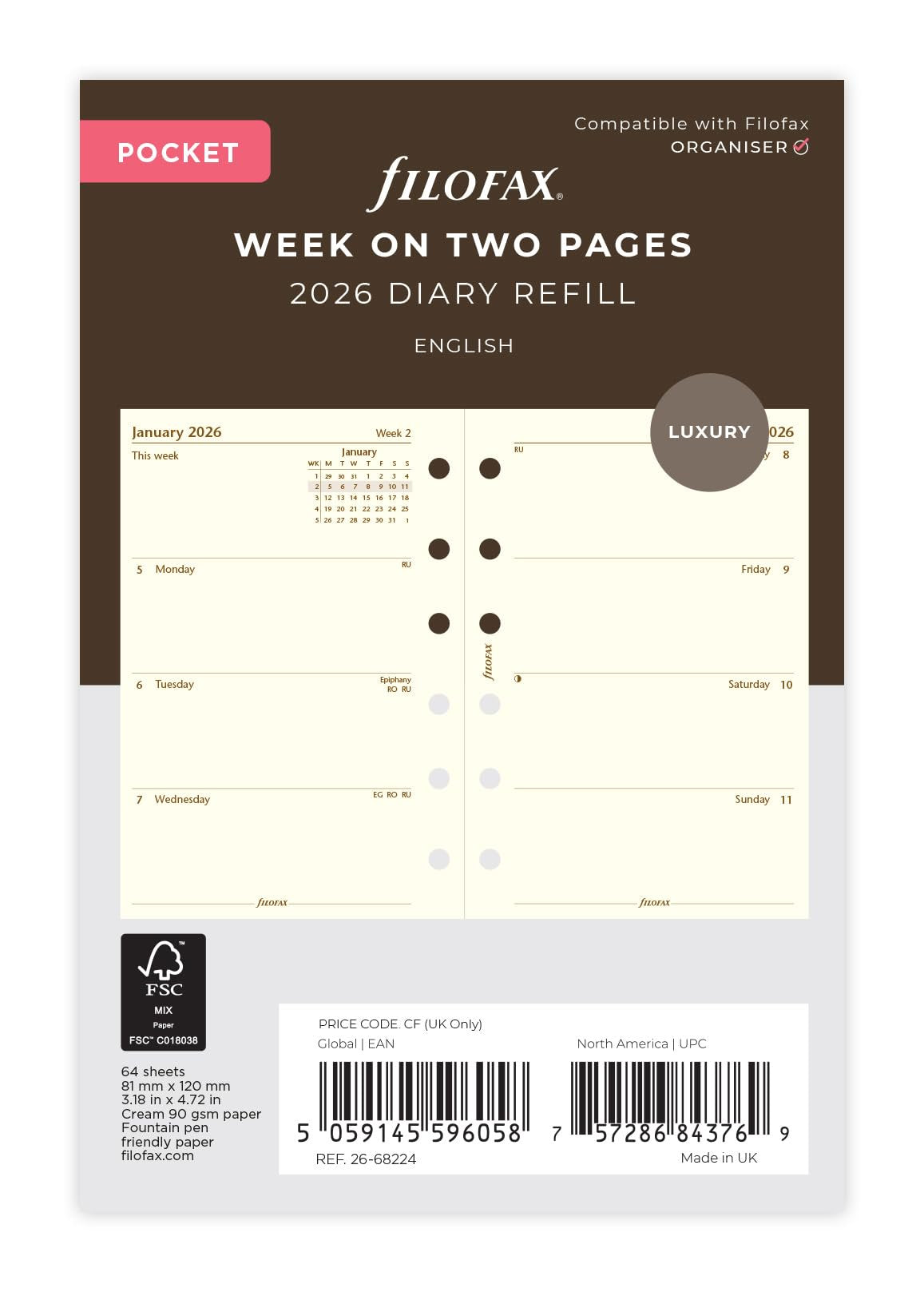 Filofax Pocket week on two pages cotton cream English 2026 diary 26-68224