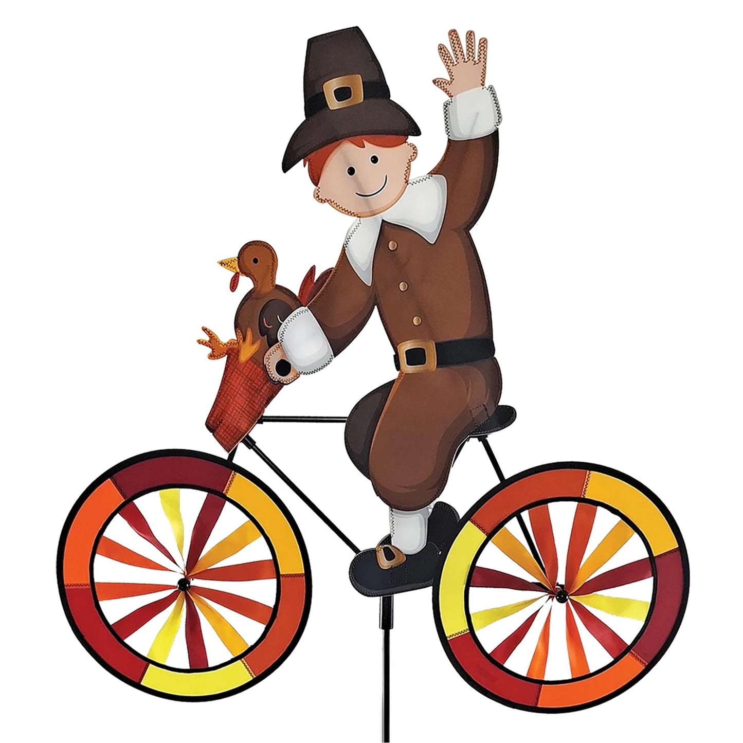 Bike Spinner Pilgrim 30" – Thanksgiving Harvest Design, Weather-Resistant Outdoor Decor, Durable & Lightweight for Patios, Yards, and Gardens - Eye-Catching Wind Spinner with Rotating Wheels
