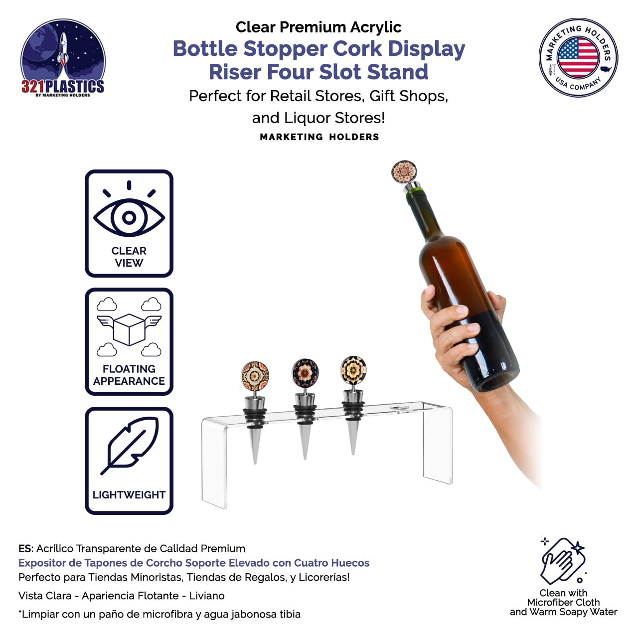 Marketing Holders 2 Pack Acrylic Wine Bottle Stopper Display Clear 4 Slot 9.75 Inch Wide by 2 Inch Deep Bar Organizing Riser with .75 Holes Countertop Pedestal Stand