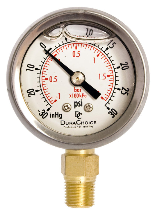1-1/2" Oil Filled Vacuum Pressure Gauge - Stainless Steel Case, Brass, 1/8" NPT, Lower Mount Connection, 30HG/30PSI