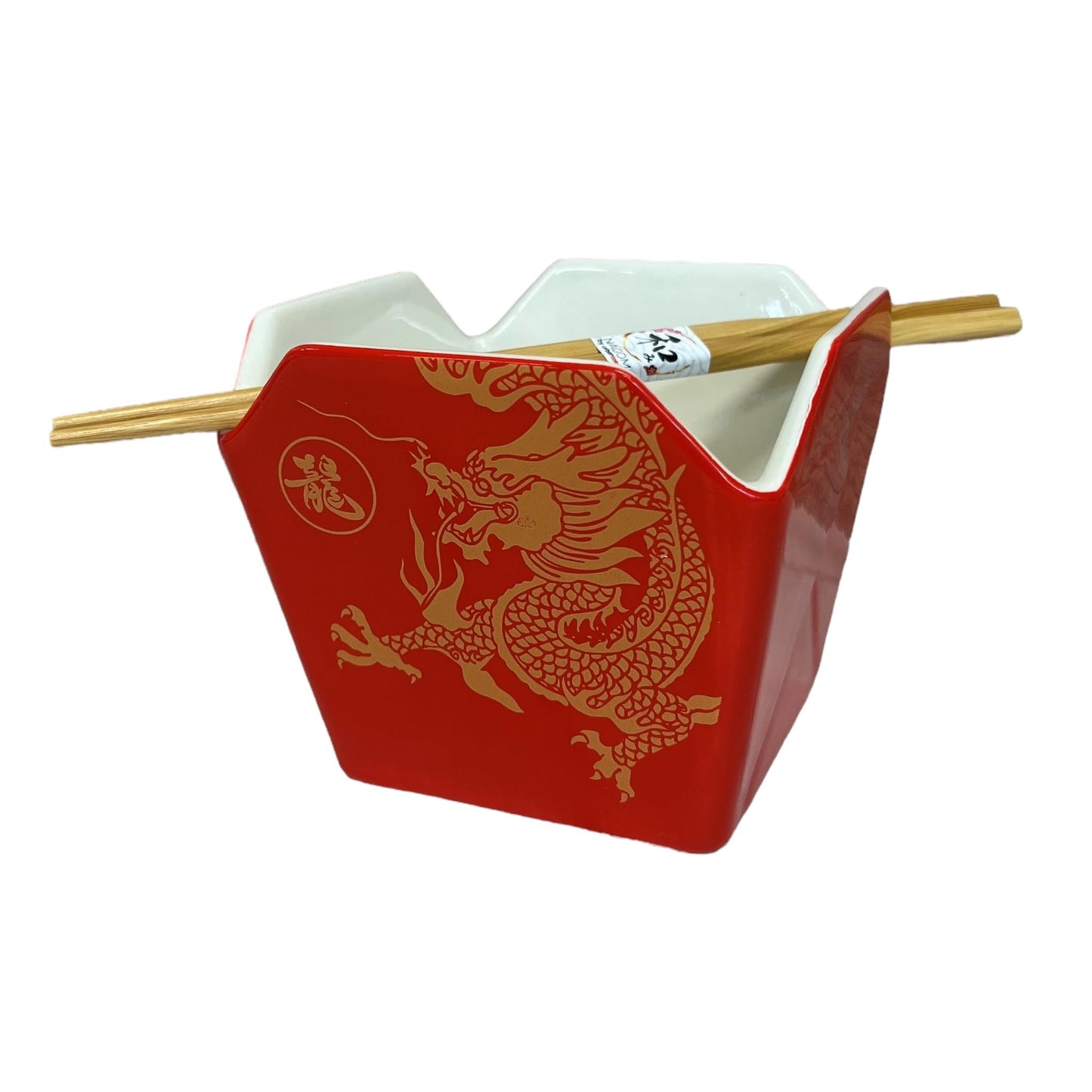 Urban Tokyo Chinese Takeout Box Style Porcelain Bowl With Chopsticks 18 fl oz Square Box Shape Rice Noodles Pasta To Go Box Shaped Bowl Microwave Dishwasher Safe (Classic Pagoda)