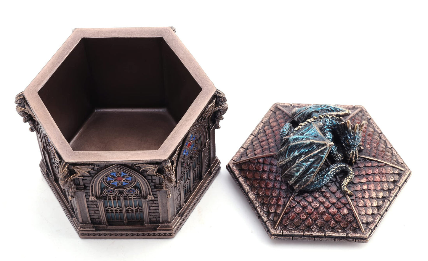 Veronese Design 4 7/8 Inch Resting Cathedral Dragon Hexagon Trinket Box Cold Cast Resin Bronze Finish
