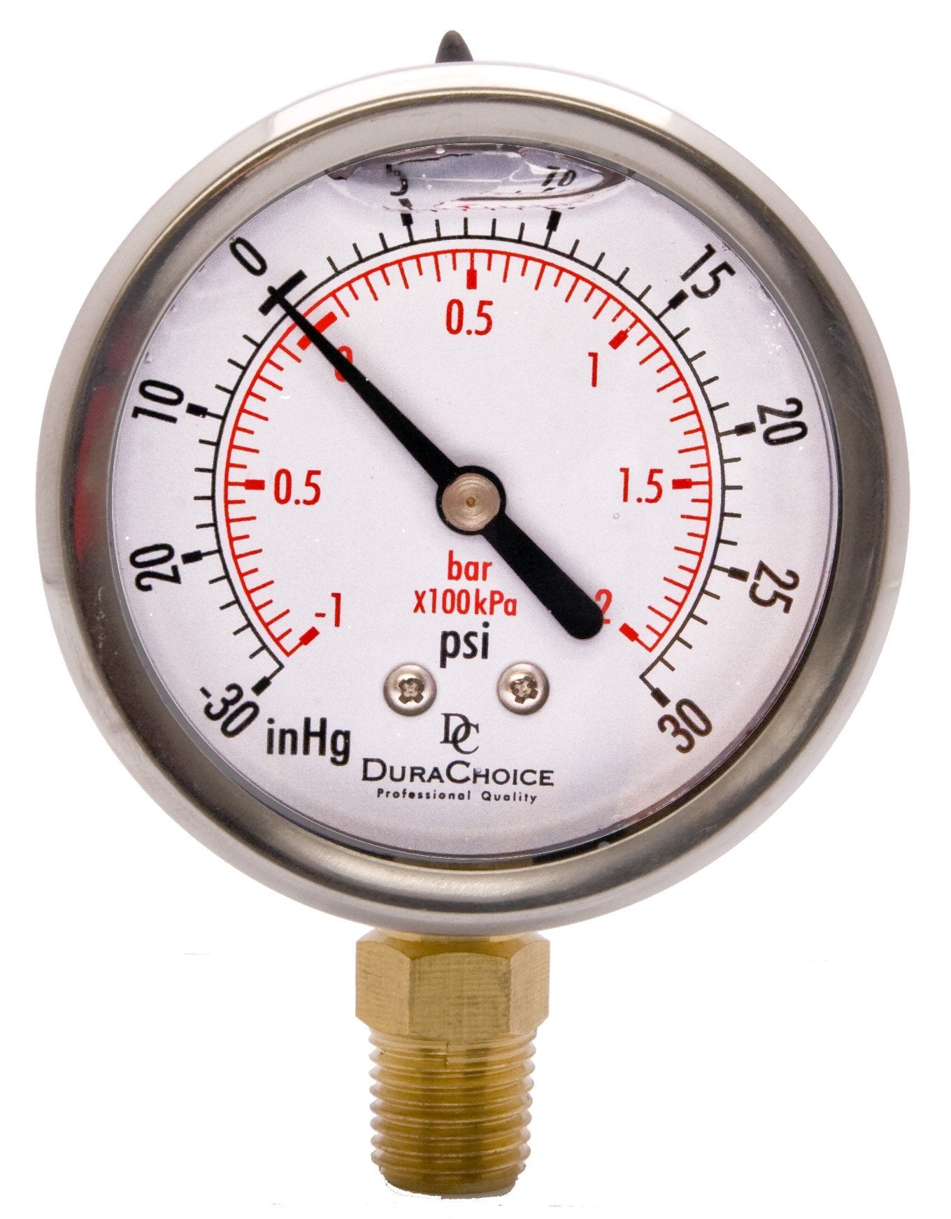 2-1/2" Oil Filled Pressure Gauge - Stainless Steel Case, Brass, 1/4" NPT, Lower Mount Connection, 0-100