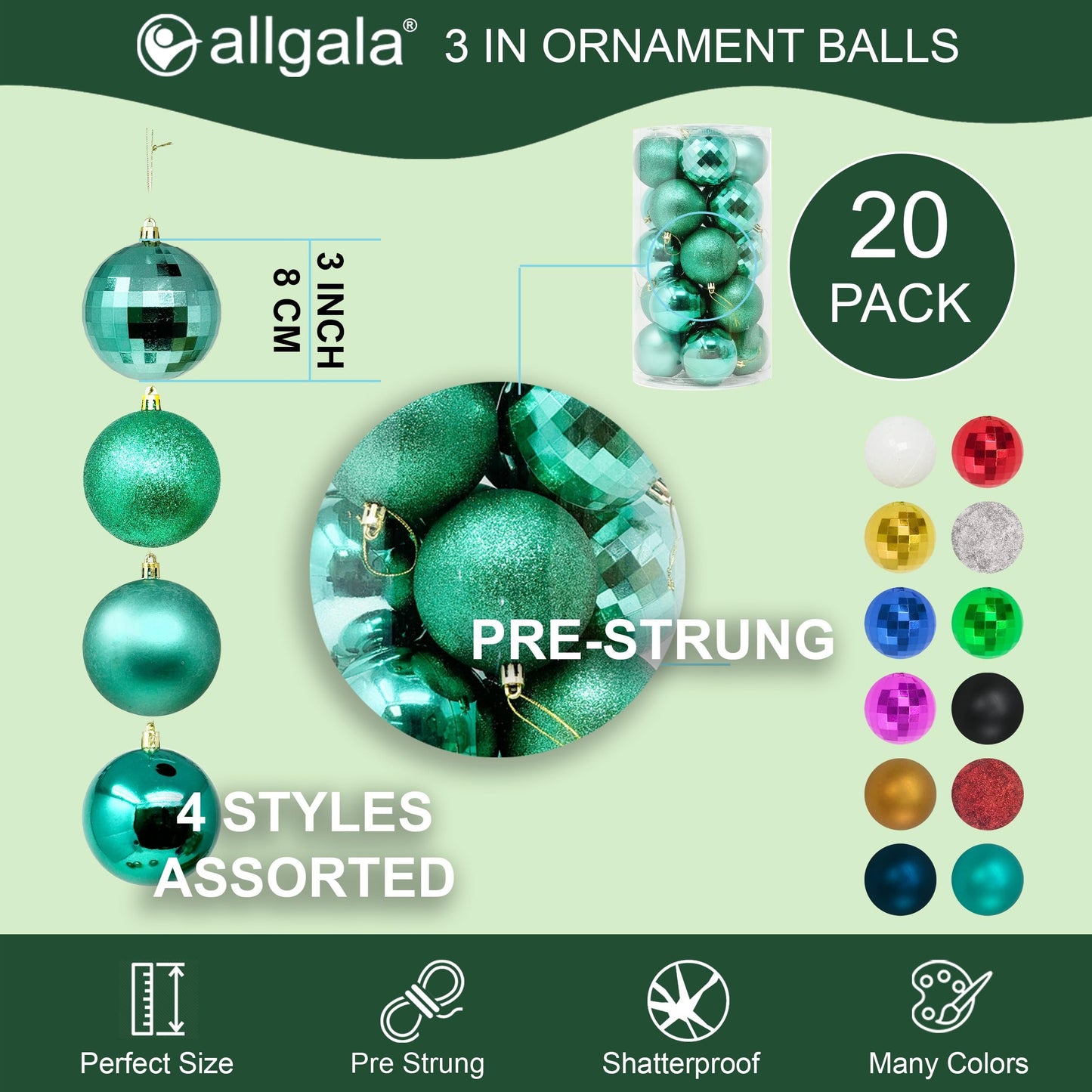 allgala 20 PK 3 Inch (8CM) Large Christmas Ornament Balls for Xmas Tree-4 Style-