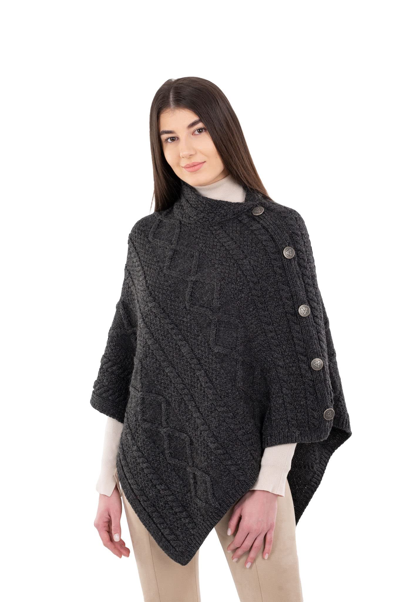 SAOL Wool Women's Poncho with Celtic Buttons Cable Knit Cardigan Cowl Neck Cape