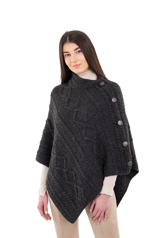 SAOL Wool Women's Poncho with Celtic Buttons Cable Knit Cardigan Cowl Neck Cape