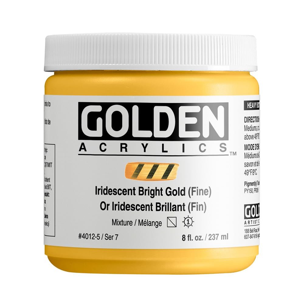 Heavy Body Acrylics by GOLDEN, Iridescent Bright Gold (Fine), 8 fl. oz. Jar, Professional Acrylic Paint, Semi-Transparent