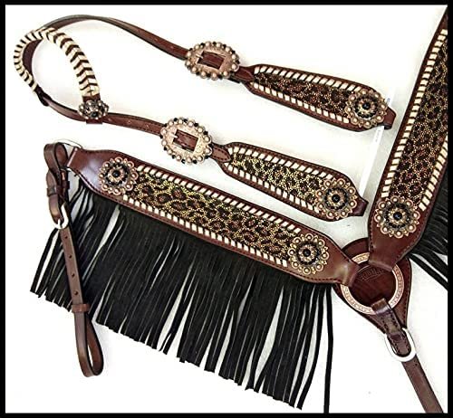 Showman Leather Headstall & Breast Collar Set w/Cheetah Print & Fringe