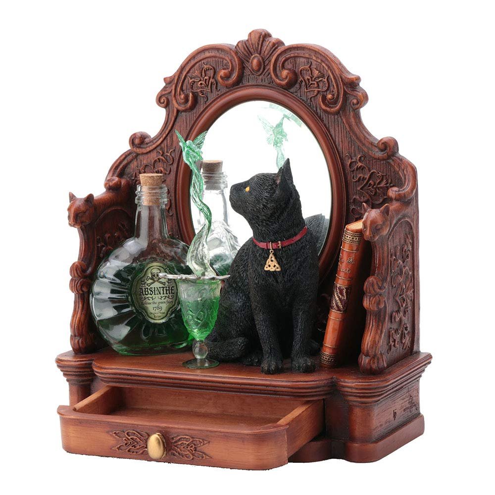 Veronese Design 8.5 Inch Lisa Parker Absinthe Fairy Black Cat Mirror with Drawer Polyresin Hand Painted Figurine Animal Sculpture
