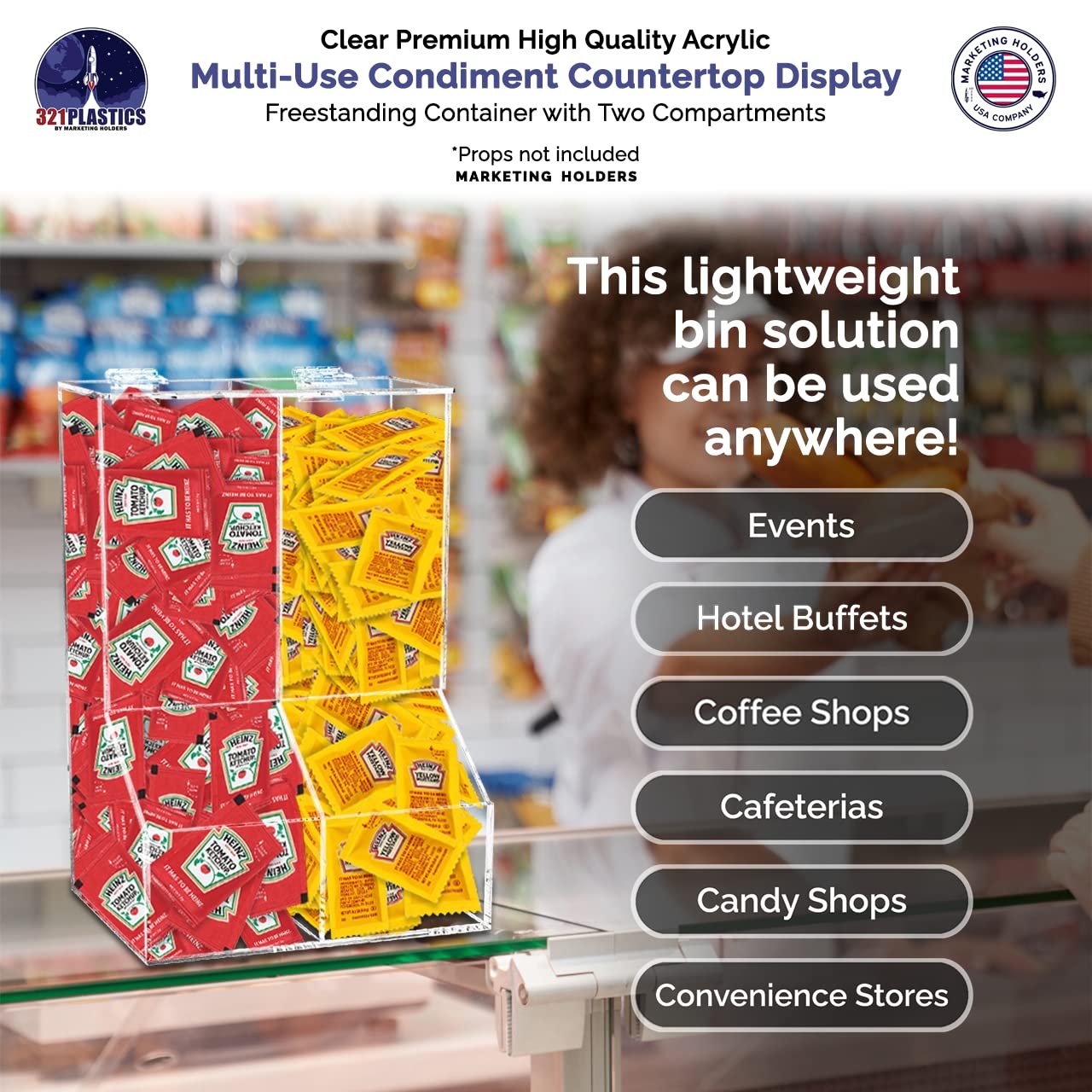 Marketing Holders Condiment Bin Double Compartment Sugar Packets and Wrapped Candy Caddy Clear Acrylic 8.5" x 12.25" Freestanding Container with Lid Retail Stores and Convenience Stores
