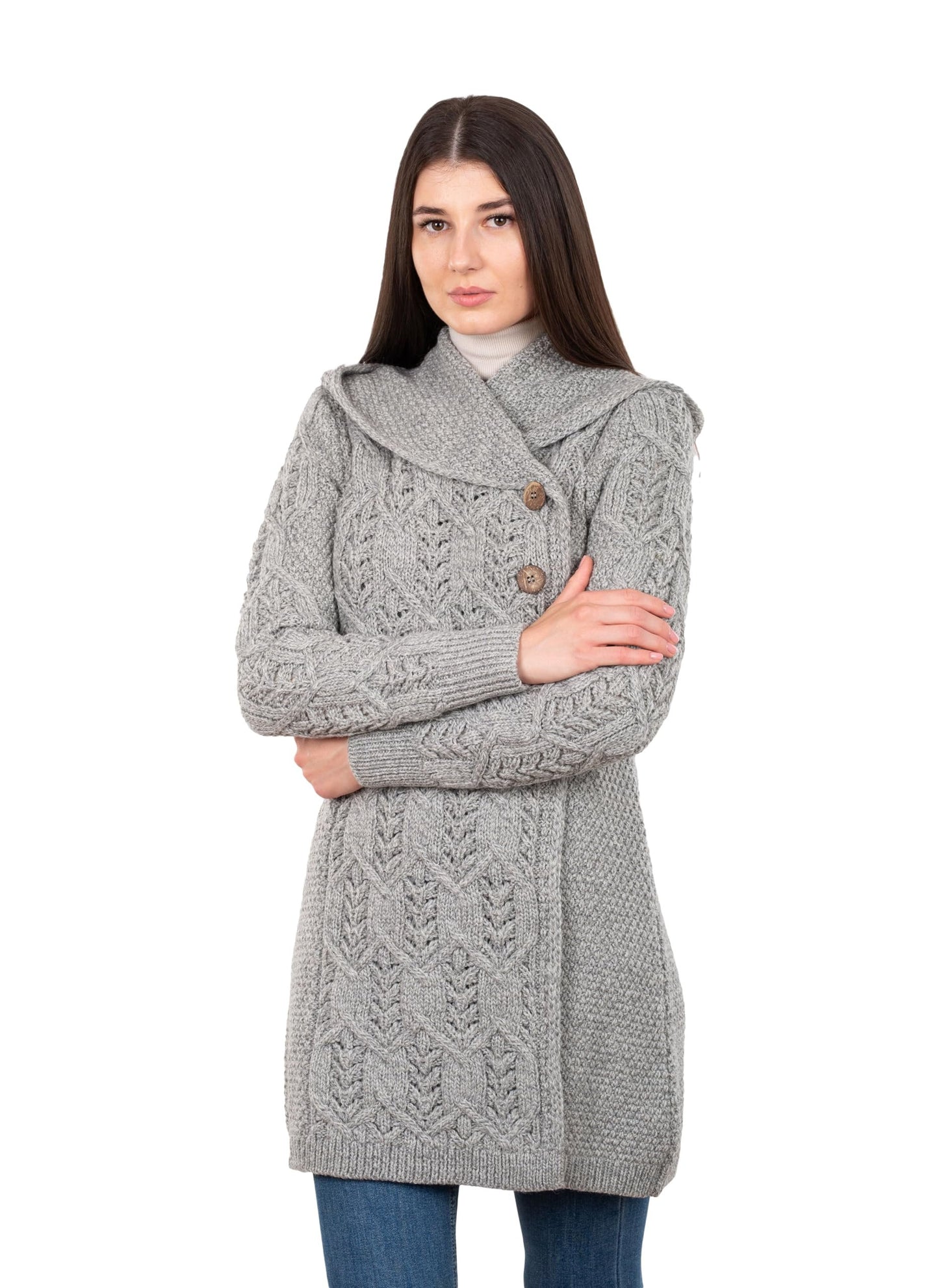 SAOL 100% Merino Wool Women Cardigan Butonned with Hood Aran Leaf Coat Made in Ireland