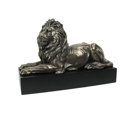 Unicorn Studios Metallic Bronze Finish Lion Lying on Plinth Tabletop Statue 8.75 Inches Long