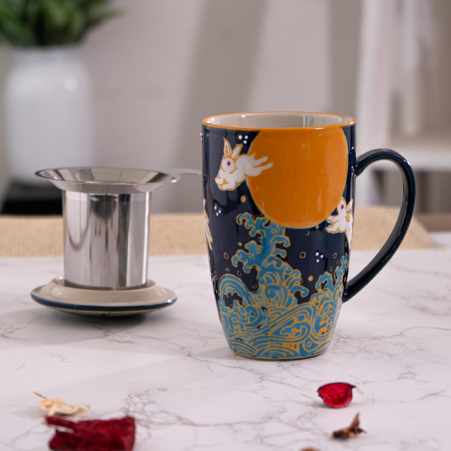 Urban Tokyo Tea Mug With Lid and Stainless Steel Infuser For Loose Leaf Tea Bag Tea Cup 15oz Porcelain Hot Beverage Everyday Use Home Office (Moon Rabbit)