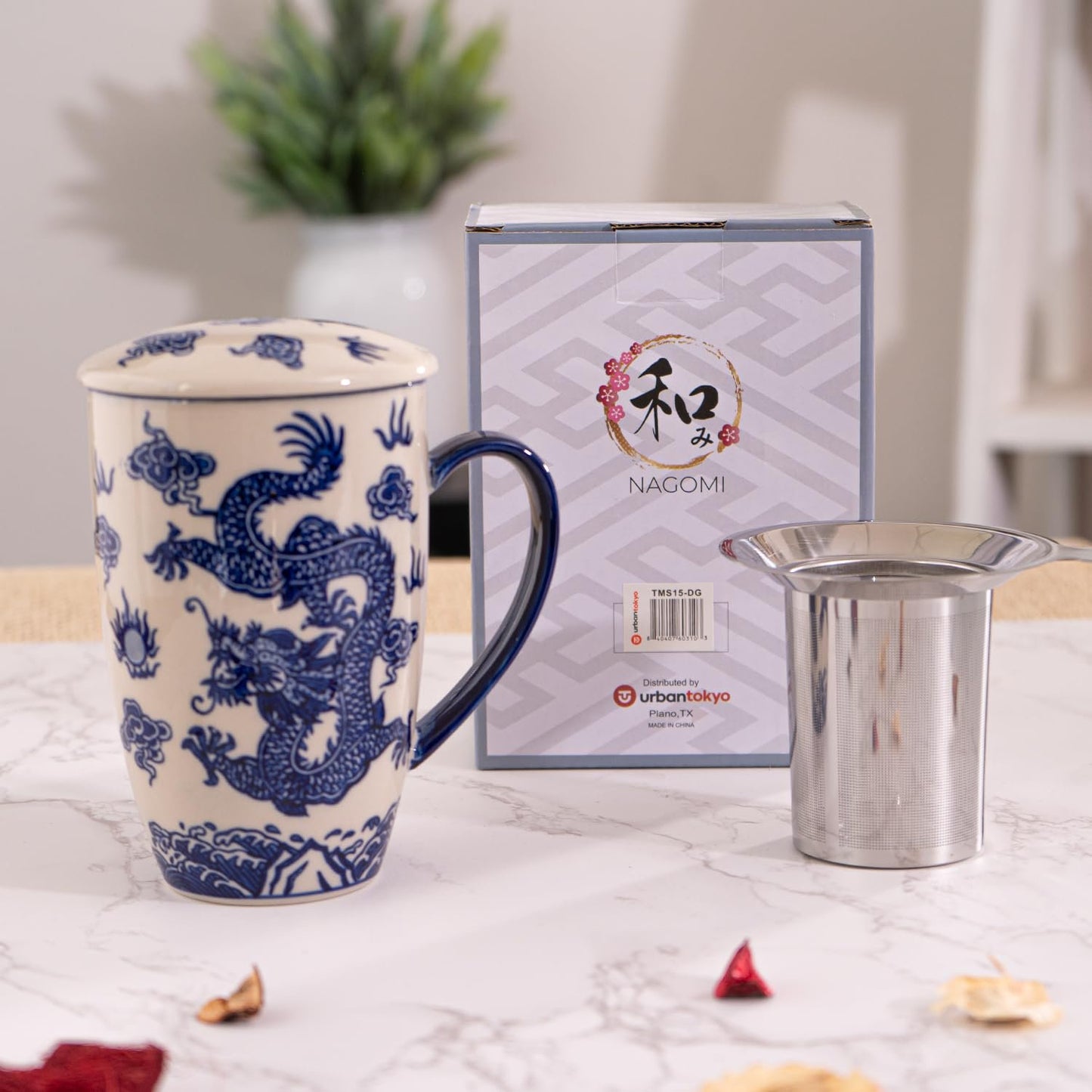 Urban Tokyo Tea Mug With Lid and Stainless Steel Infuser For Loose Leaf Tea Bag Tea Cup 15oz Porcelain Hot Beverage Everyday Use Home Office