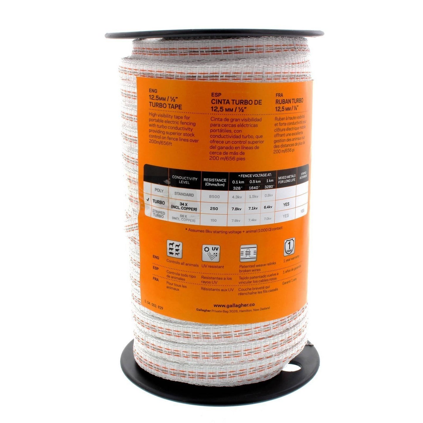 Gallagher 1/2" x 656' Turbo Poly Tape with Copper and Stainless Steel Strands for 34x More Conductivity Than Standard Poly Tape