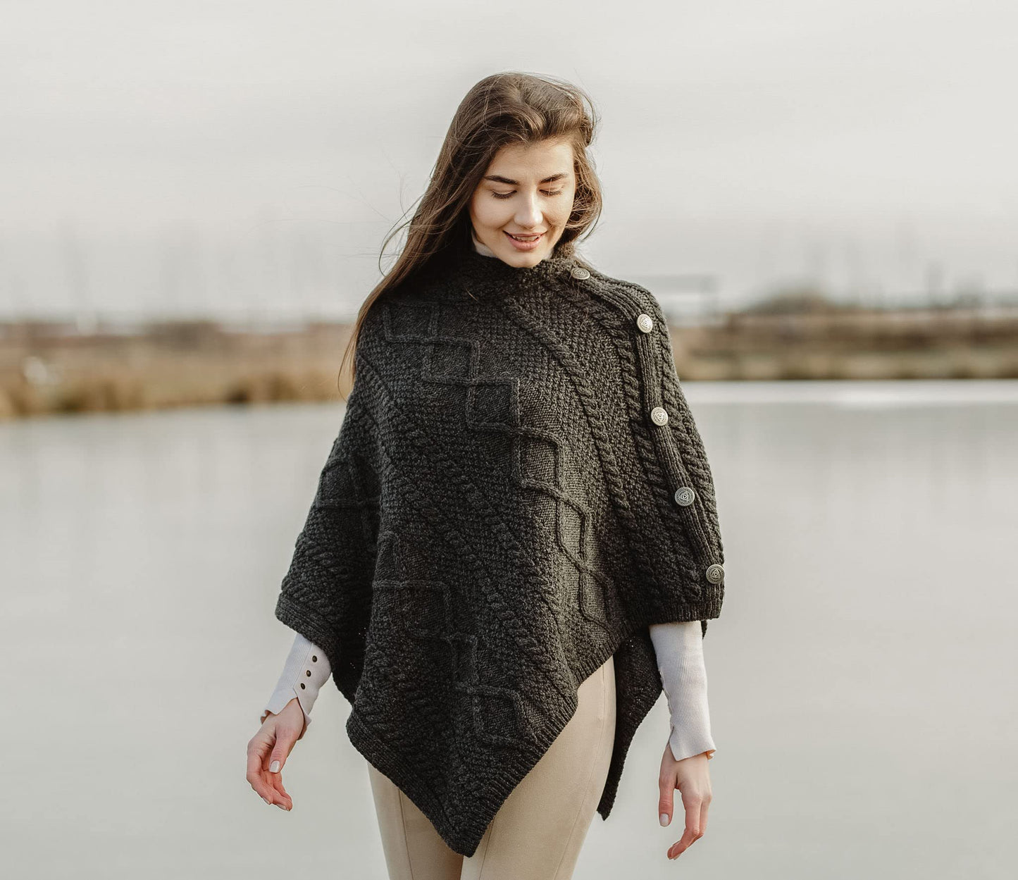 SAOL Wool Women's Poncho with Celtic Buttons Cable Knit Cardigan Cowl Neck Cape