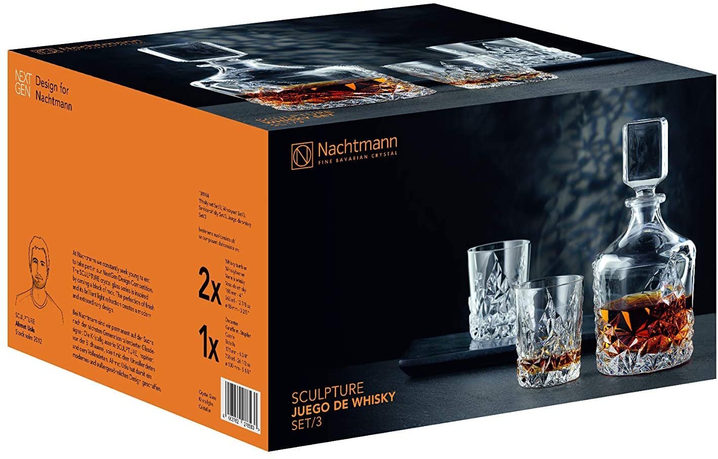 Nachtmann Sculpture 3-Piece Crystal Whiskey Set - 26.5oz Decanter with Stopper & 12oz Tumblers, Luxurious Glassware for Elegant Home Bars & Whiskey Enthusiasts - Durable Modern Glass Collection