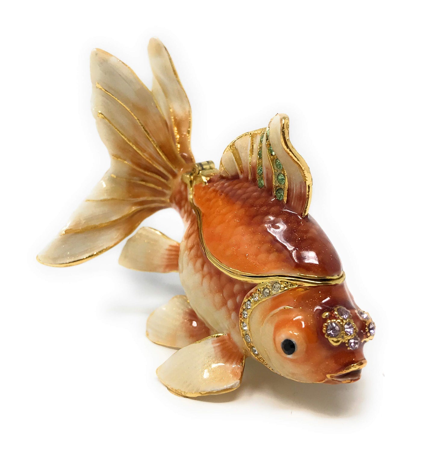 Kubla Crafts Enameled Fantail Koi Goldfish Trinket Box, Accented with Austrian Crystals, 3.5 Inches Long