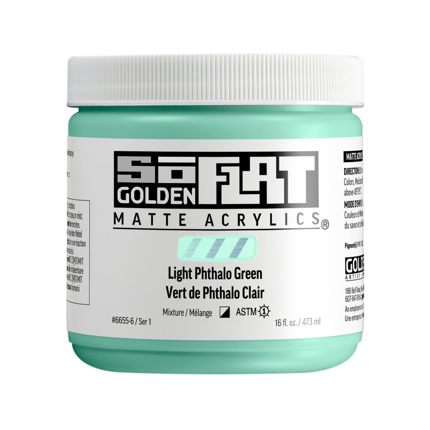 SoFlat Matte Acrylics by GOLDEN, Light Phthalo Green, 16 fl. oz. Jar, Professional Acrylic Paint, Semi-Opaque