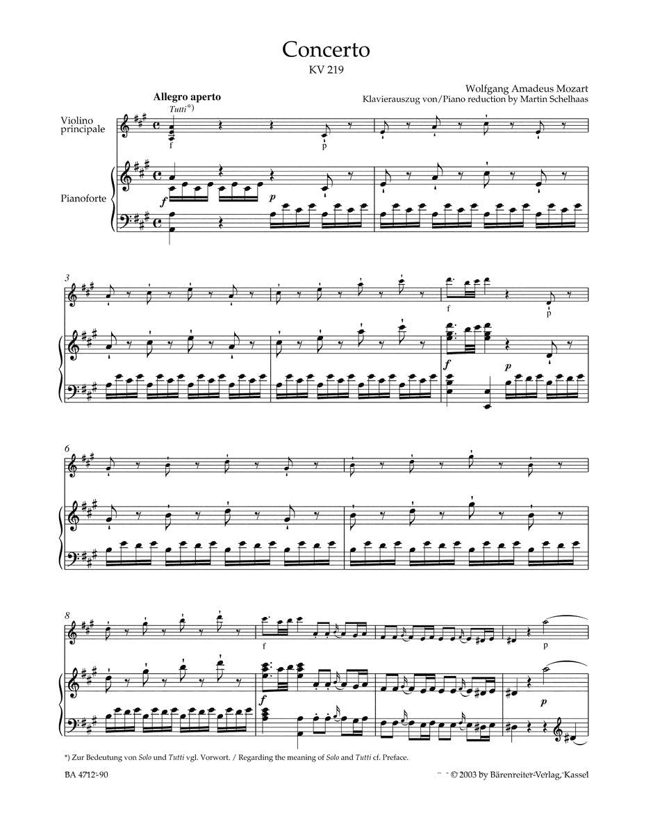Concerto for Violin No.5 in A major K.219 (Violin & Piano)