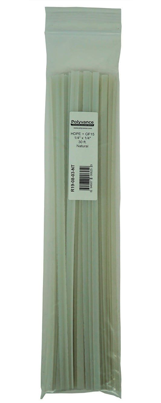 Polyvance HDPE + GF15 plastic welding corner rod, 1/4" x 1/4", 30 ft., Natural