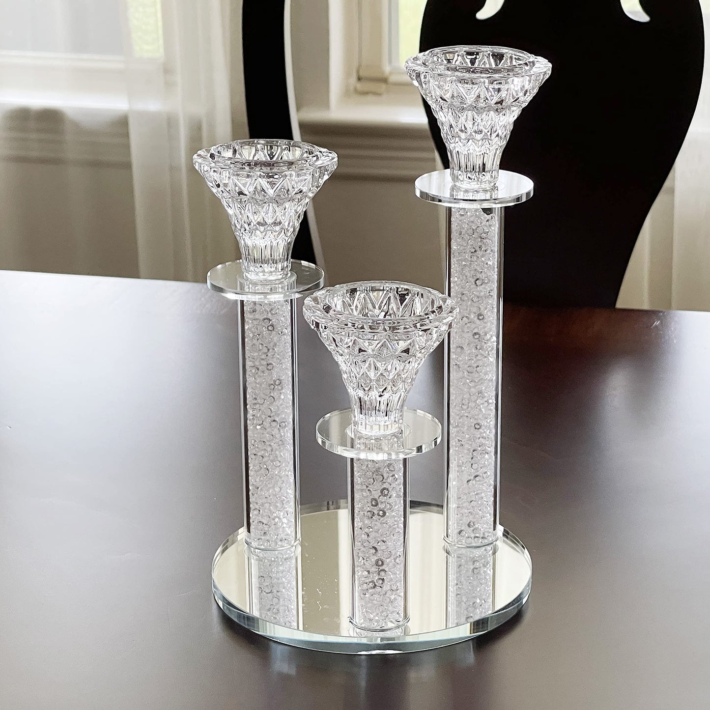 Allgala 9 Inch Tall 3-Pillar Filled with Diamond Like Stone Filled Crystal Candlesticks with Mirror Base