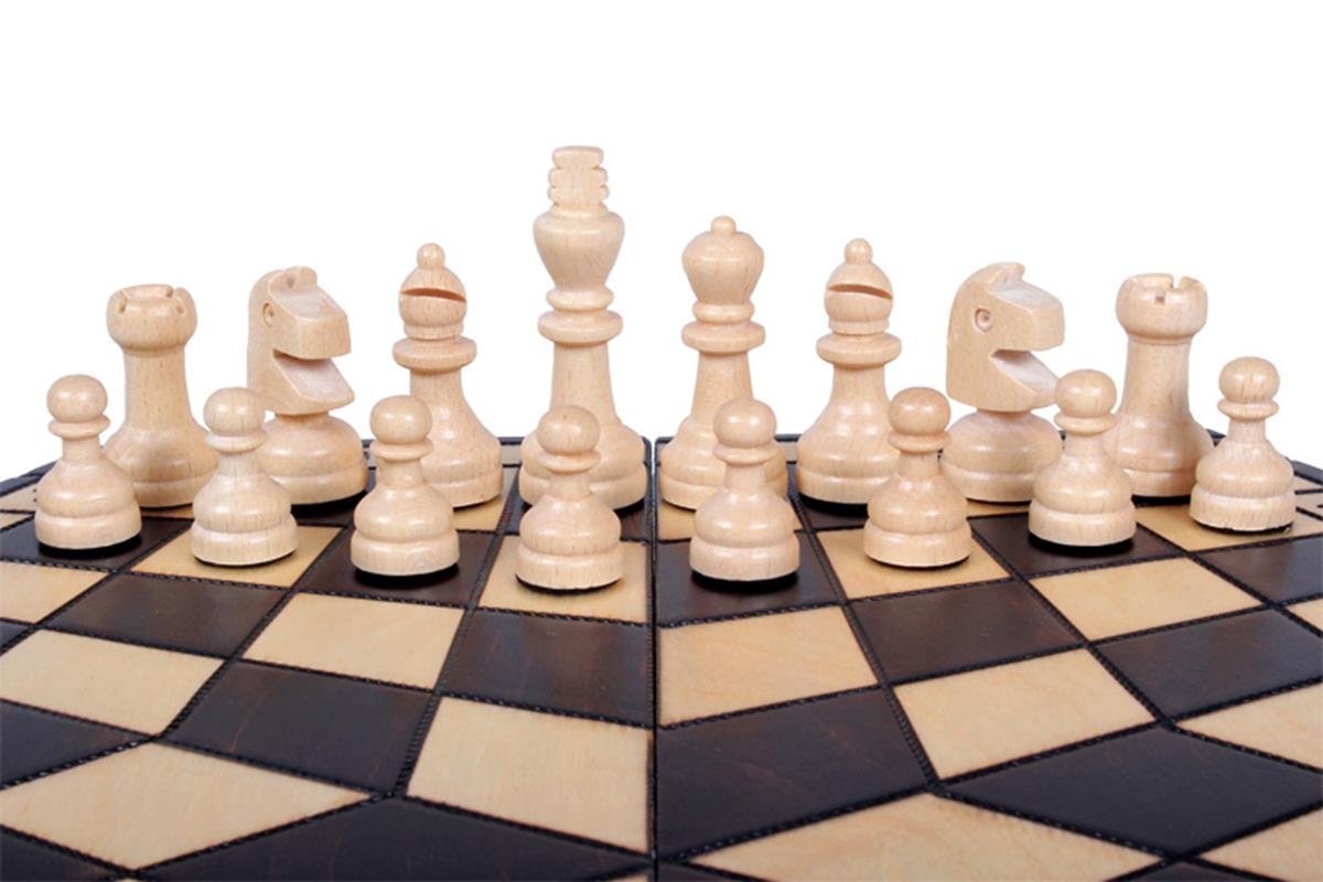 Medium 3 Player Chess Set - 40cm Hexagonal Board with Edge Numbers, Brown, White and red Pieces
