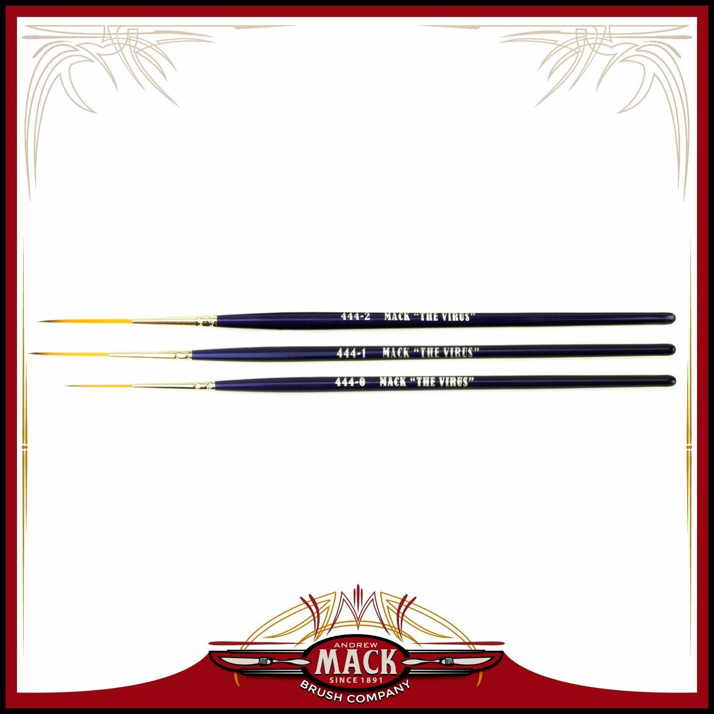 Set of 3 Size 0-2 Series 444 The Virus Scrolling Script Pinstriping Brush with Specially Blended Golden Taklon