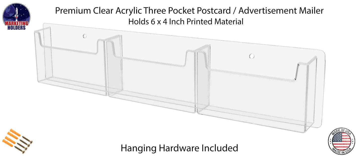 Marketing Holders Postcard Holder Rack Horizontal Clear Acrylic 3 Pocket with Hardware Space Saver Greeting Card or Any 6x4 Printed Media Display System Wall Mount Multi Slot Organizer