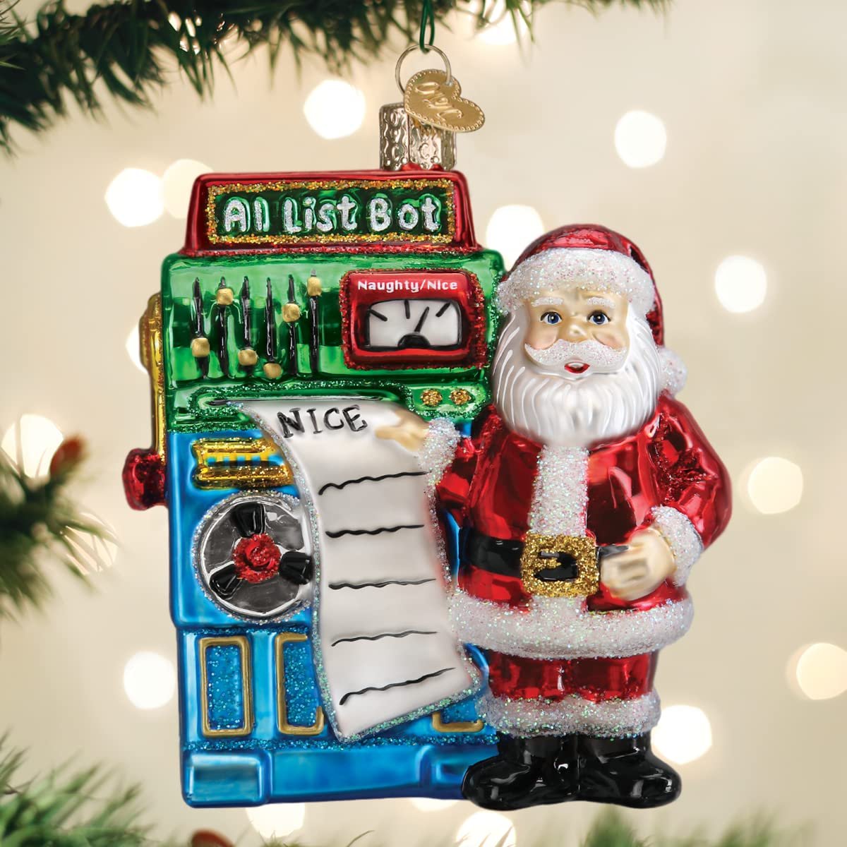 Old World Christmas Santa's AI List Bot Glass Blown Ornament for Christmas Tree