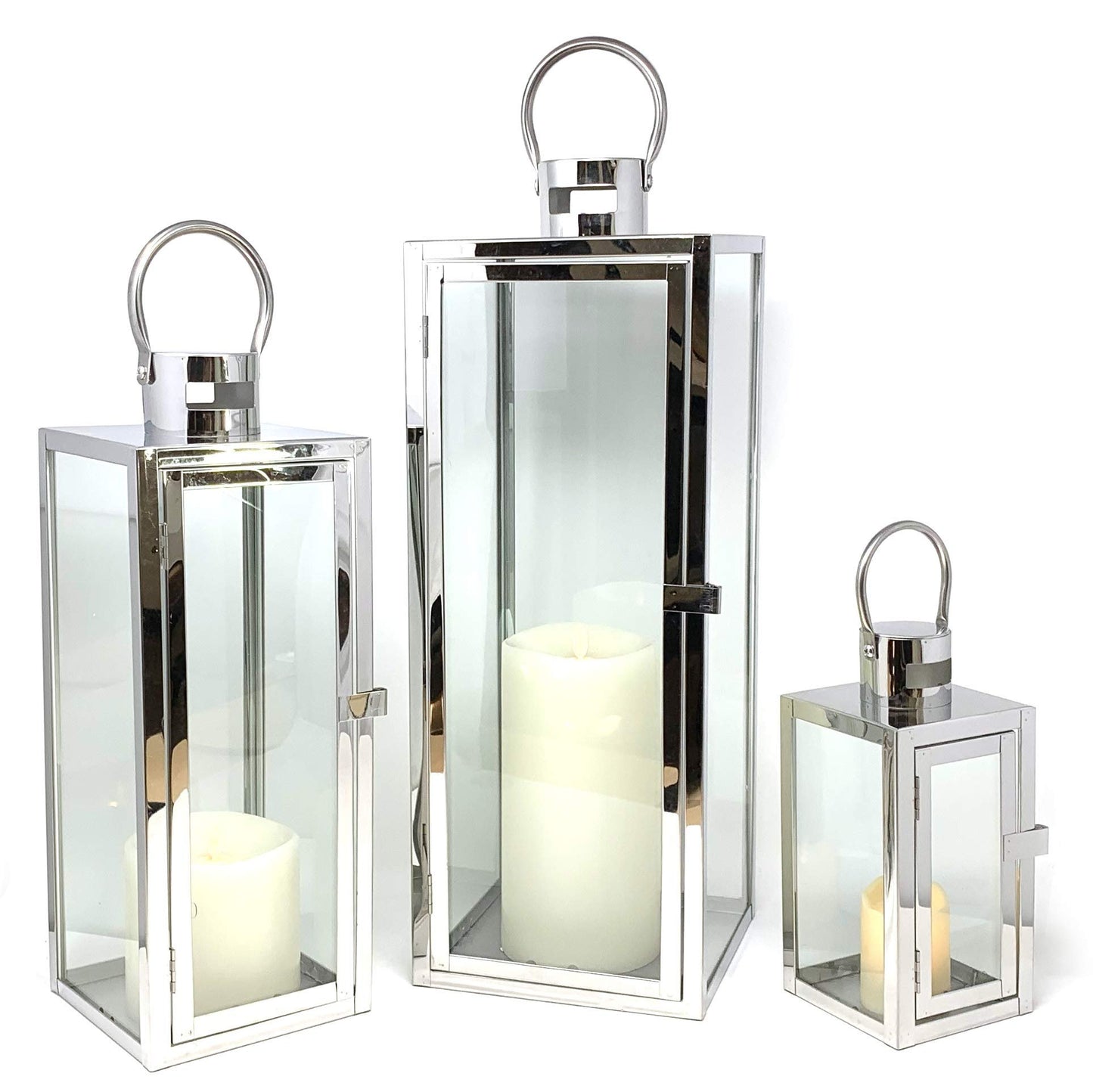 Allgala Lantern Set 3-PC Jumbo Deluxe Modern Indoor/Outdoor Candle Lantern Set with Chrome Plated Structure and Tempered Glass for Garden Poolside Fireplace Wedding