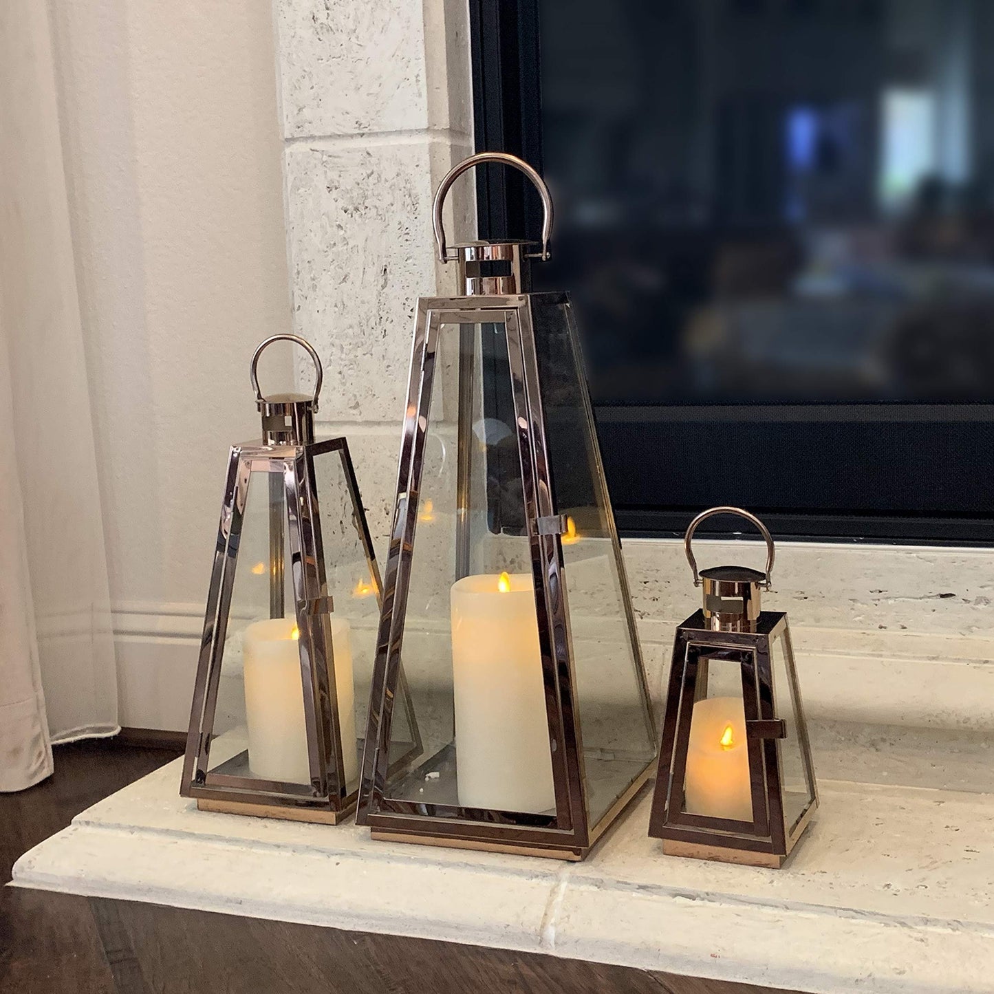 Allgala Lantern Set 3-PC Jumbo Deluxe Modern Indoor/Outdoor Candle Lantern Set with Chrome Plated Structure and Tempered Glass for Garden Poolside Fireplace Wedding
