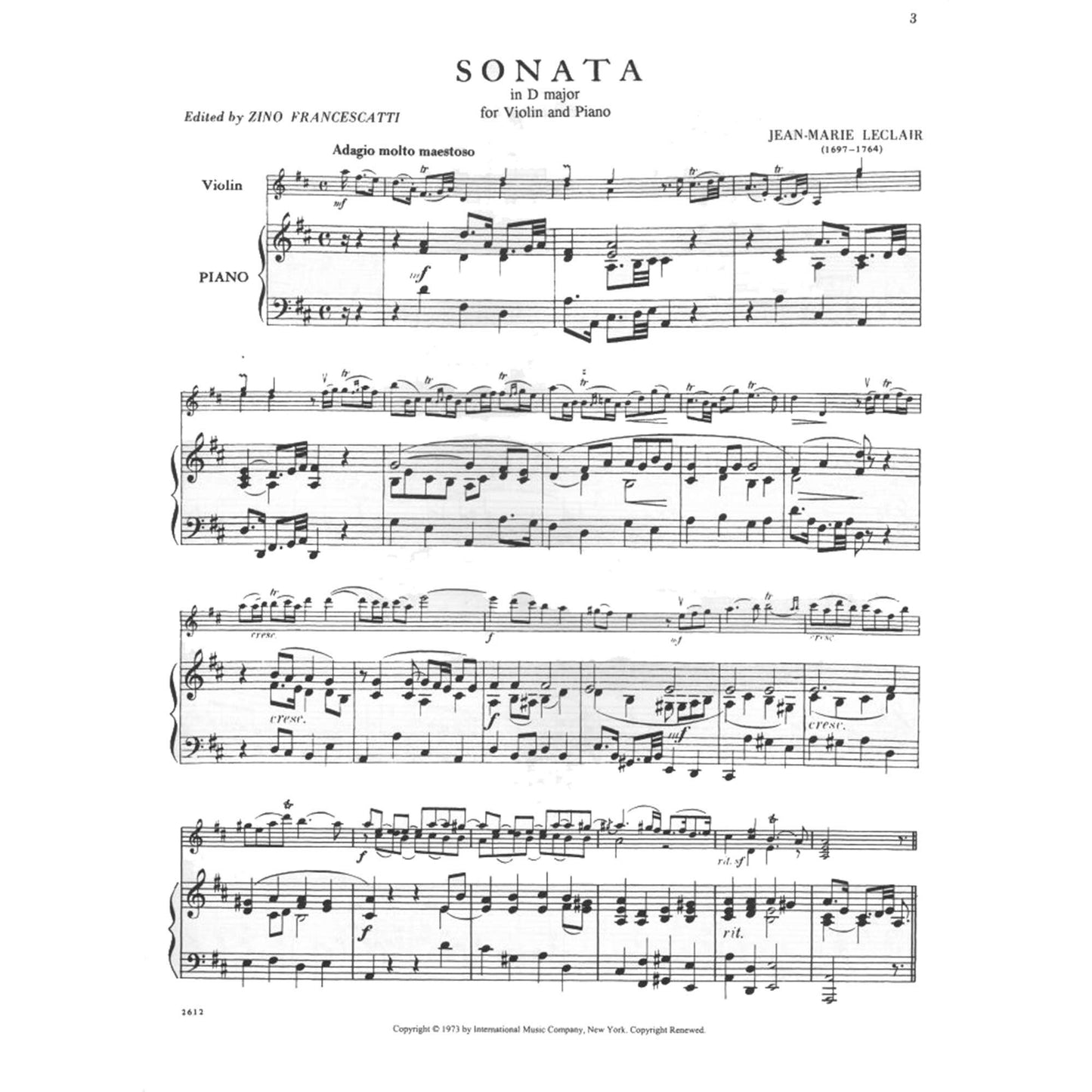Leclair Jean-Marie - Sonata in D Major Op 9 No3 Violin and Piano by Zino Francescatti International
