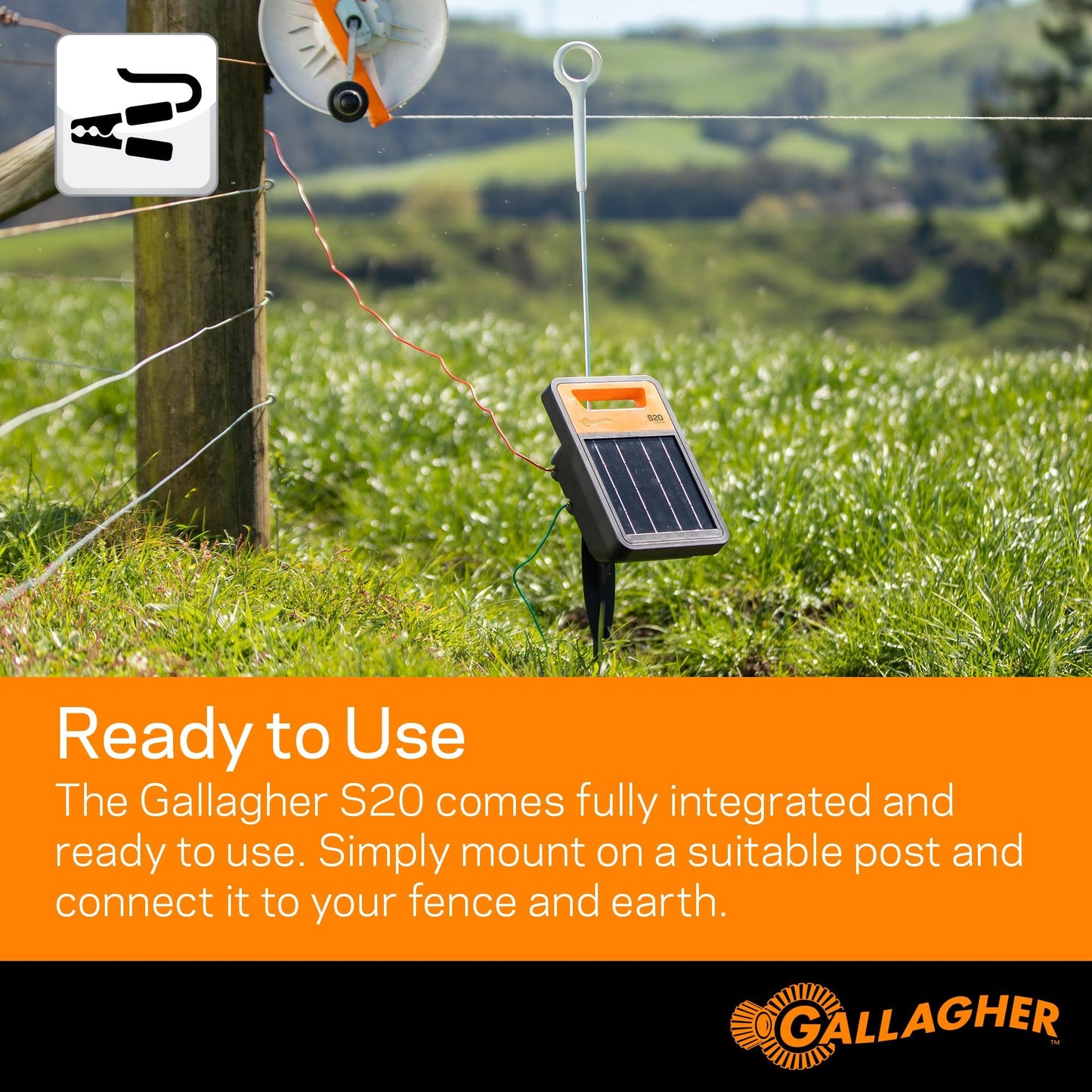 Gallagher S20 Solar Electric Fence Charger | Powers Up to 2 Miles of Typical Fence | Lithium Battery Technology | 0.2 Joule Solar Energizer for Poultry, Livestock, Gardens, and Pets