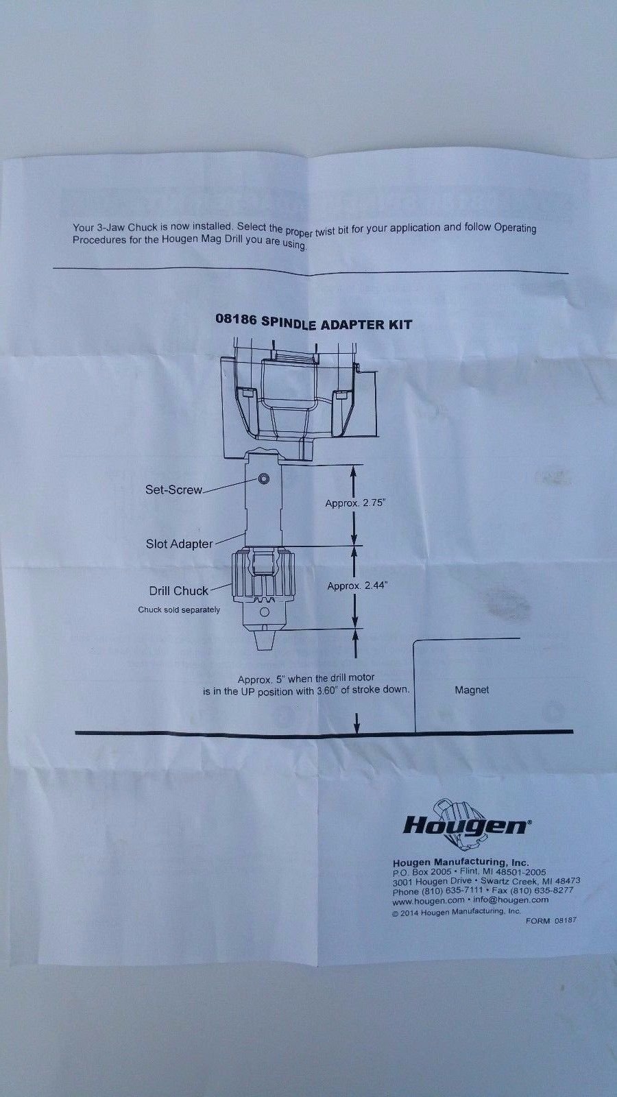 HOUGEN DRILL CHUCK&ADAPTER FOR MODELS,HMD904, 905 & 927 (SLOTDRIVE)#08186/#10731