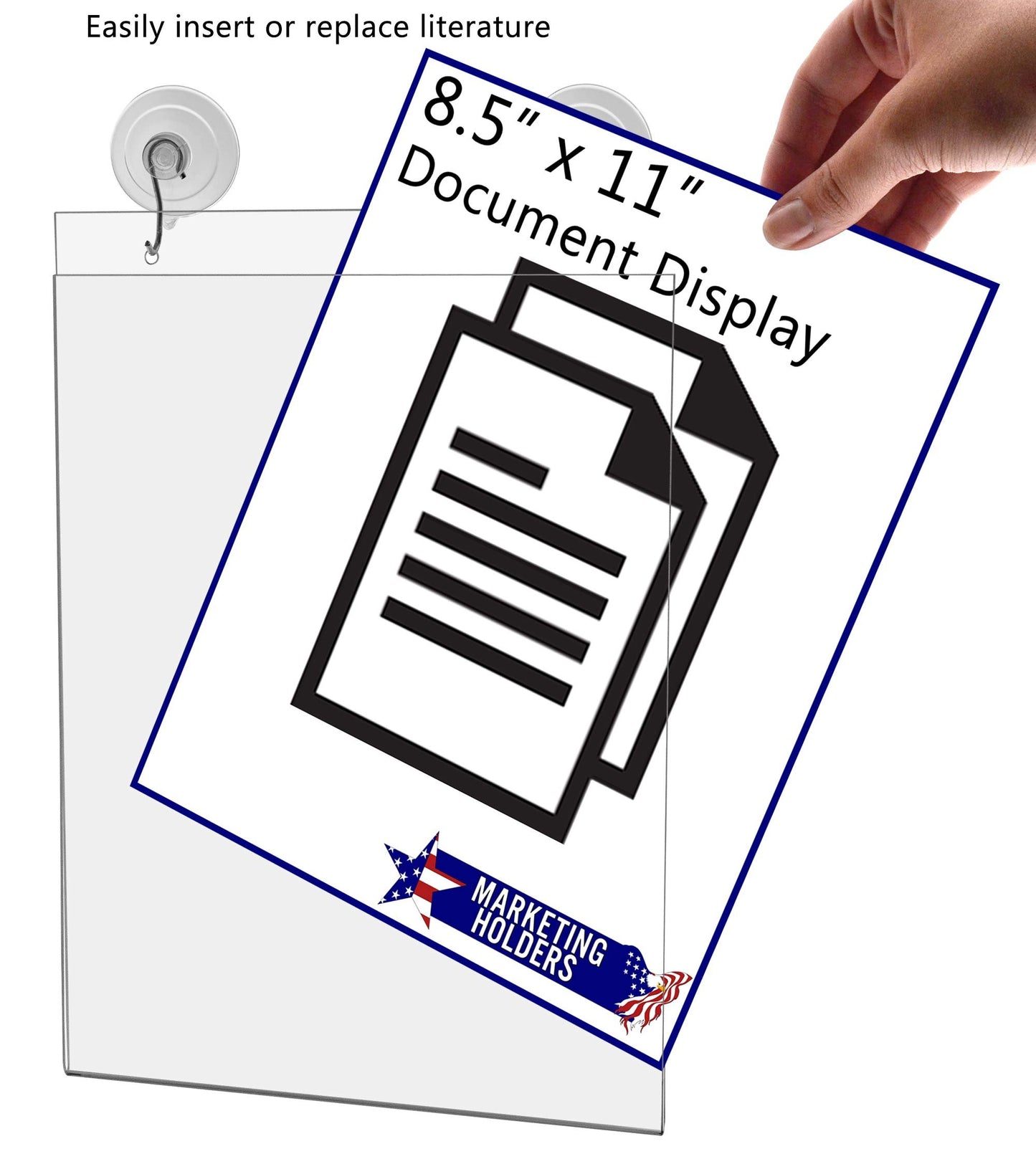 Marketing Holders 2 Pack Window Mount Sign Holder for 8.5" x 11" Advertisements and Hours of Operation in Stores Showrooms and Offices Double Sided View Clear Acrylic with Suction Cup Hooks