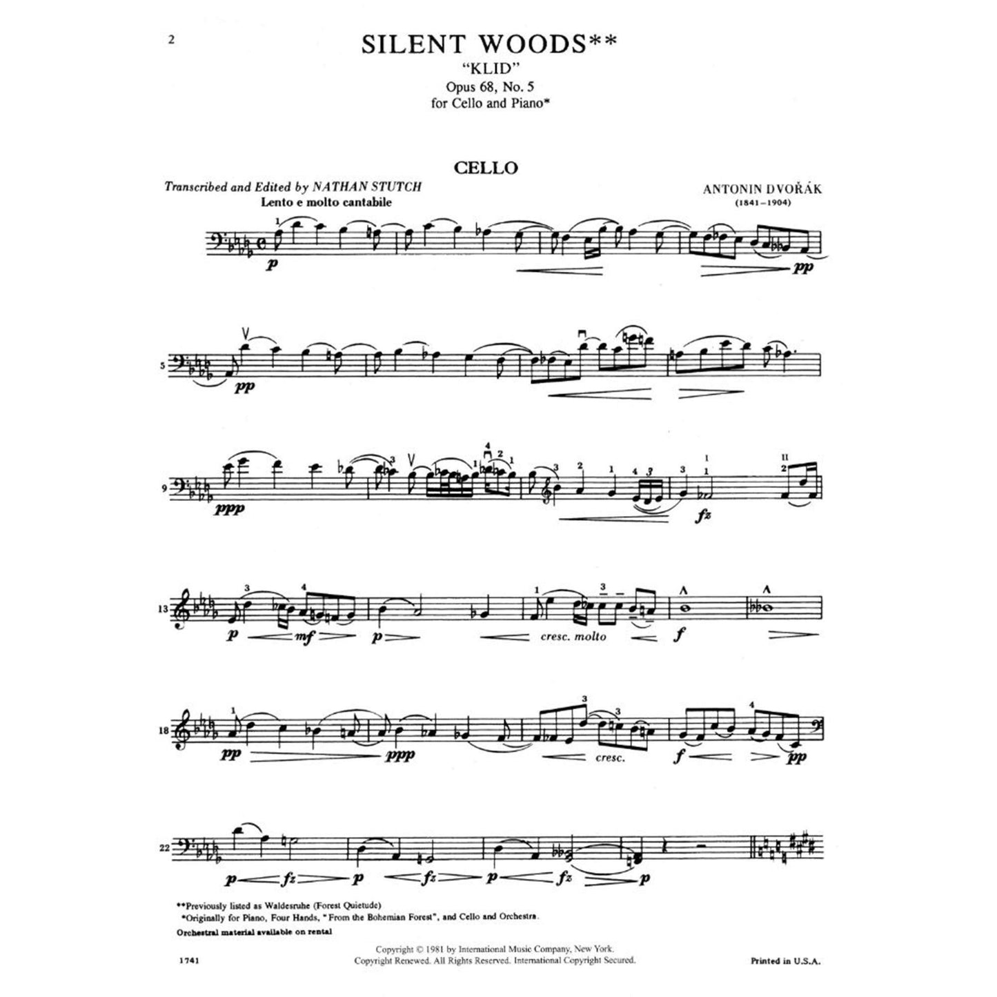 Dvorak, Antonin - Silent Woods (Klid), Op 68, No 5 - Cello and Piano - edited by Natha
