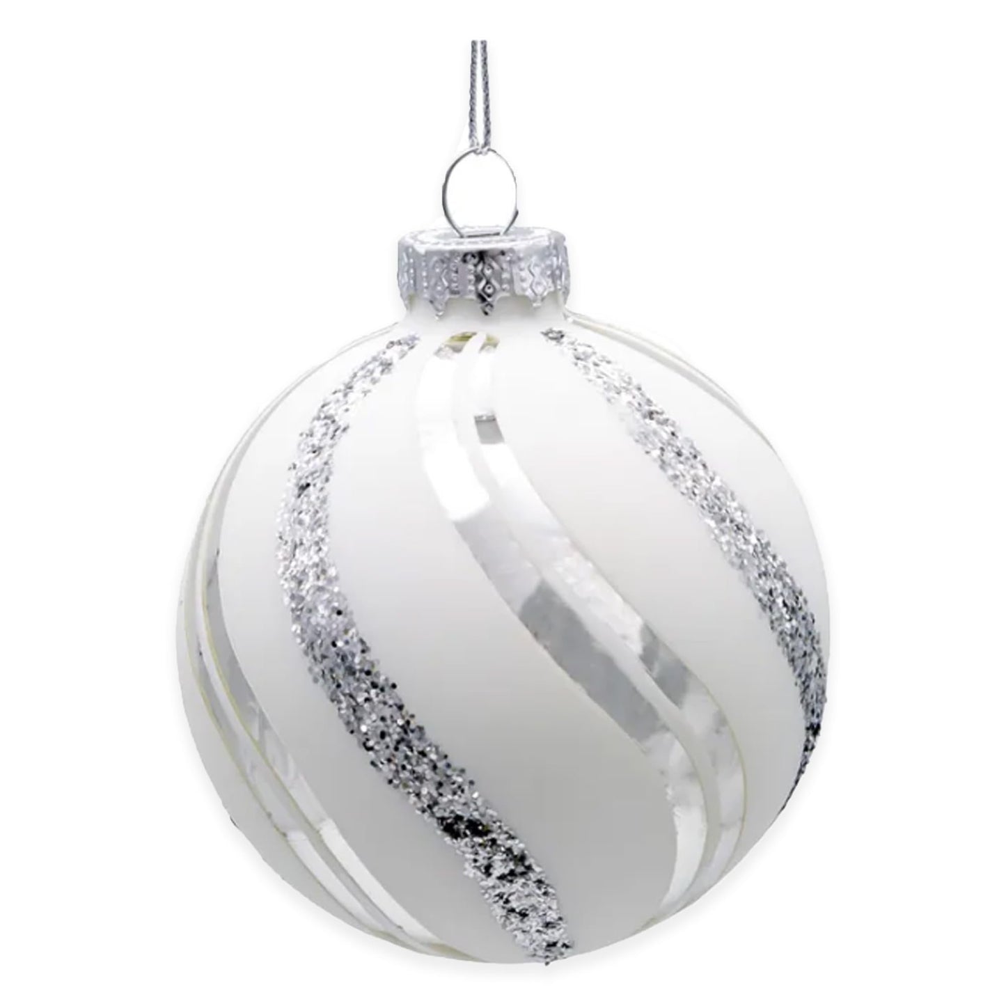 Kurt Adler 80MM Glass White Glittered Swirl 6-Piece Ball Ornament Set