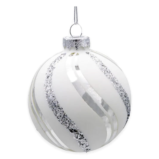 Kurt Adler 80MM Glass White Glittered Swirl 6-Piece Ball Ornament Set